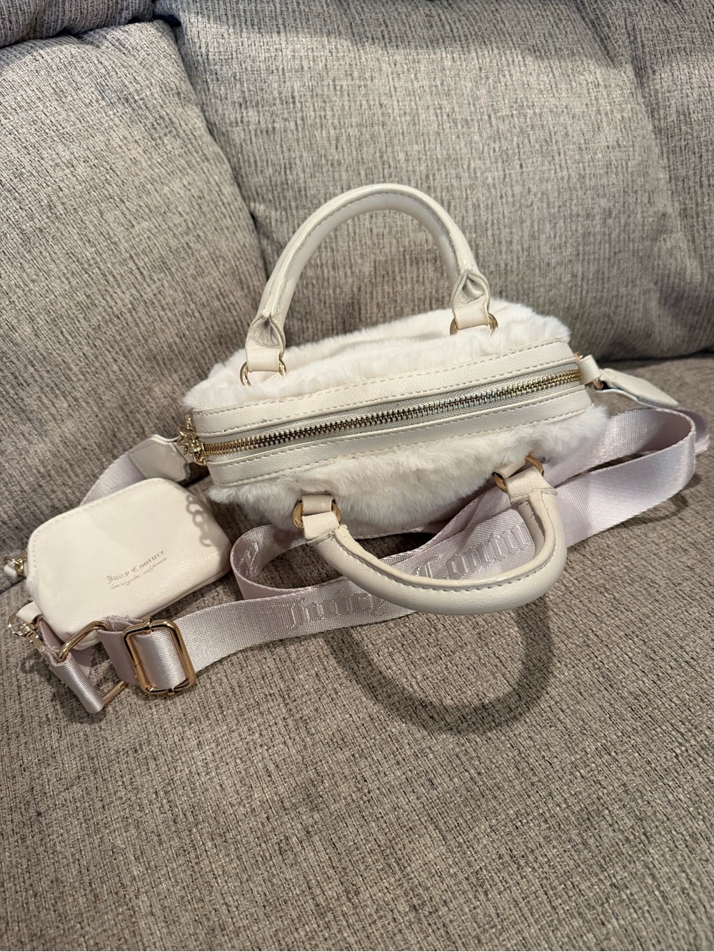 Juicy Couture Ivory Faux Fur Mini Satchel with Logo Strap & Mini Pouch - Picture 4 of 9